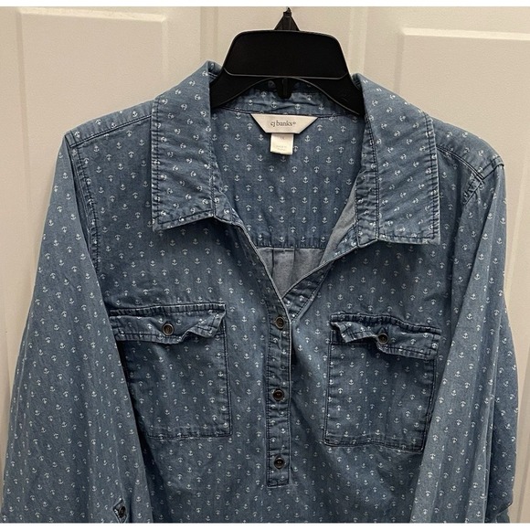 Christopher & Banks Tops - CJ Banks Popover Denim Chambray Blouse Top Womens 1X Collared Anchor Nautical‎
